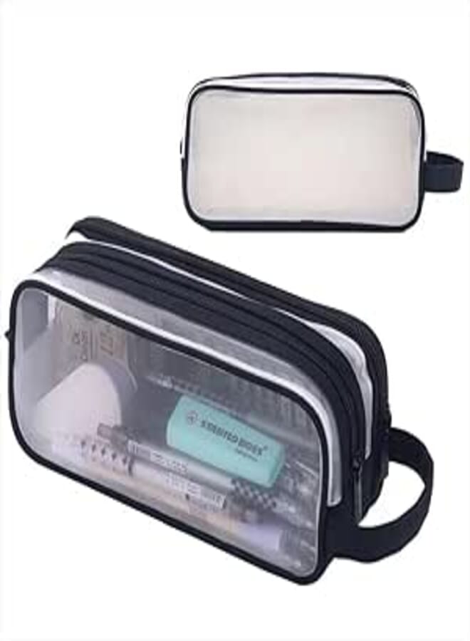 GQ Large Mesh Pencil Case, 2 Compartments, Clear Transparent Storage Pouch with Handle, Black